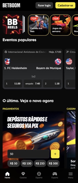 pagina-principal-betboom-apostas Página principal da BetBoom com eventos populares, odds de futebol, área de cassino e chamada para depósitos via Pix.