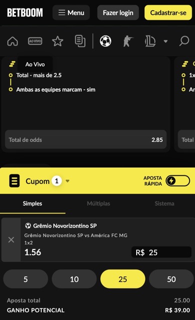 aposta-betboom-bilhete Cupom de aposta da BetBoom com seleção em Grêmio Novorizontino, odd 1.56, valor de R$25 e ganho potencial de R$39.