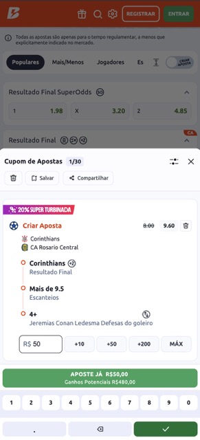 Cupom de apostas da Betano para Corinthians x Rosario Central, com aposta criada em resultado final, escanteios e defesas do goleiro, mostrando stake de R$50 e ganhos potenciais de R$480.