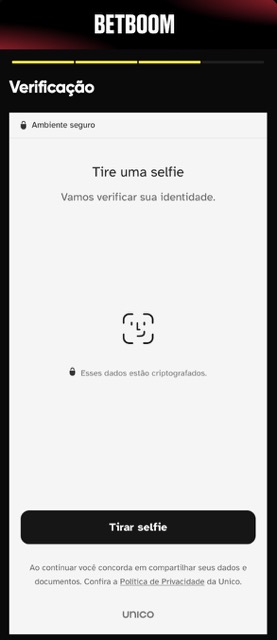 verificacao-facial-betboom Tela de verificação facial da BetBoom solicitando selfie para confirmar identidade em ambiente seguro.