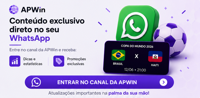 Banner da APWin promovendo conte&uacute;do exclusivo no WhatsApp com informa&ccedil;&otilde;es sobre Brasil x Haiti na Copa do Mundo 2026.