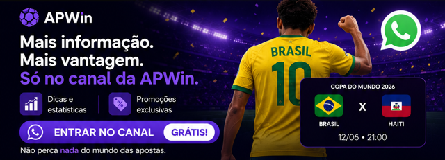 Jogador da Sele&ccedil;&atilde;o Brasileira em banner da APWin convidando usu&aacute;rios para o canal gratuito de WhatsApp da Copa do Mundo 2026.