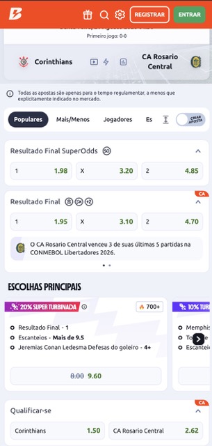 Tela da Betano com odds para Corinthians x Rosario Central, exibindo mercados de resultado final, qualifica&ccedil;&atilde;o e apostas turbinadas.
