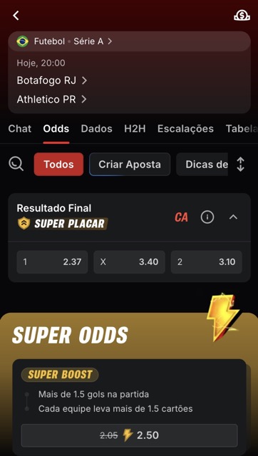 apostar-superbet-selecao-mercado Tela de seleção de mercado de apostas na Superbet, exemplo Botafogo RJ x Athletico PR