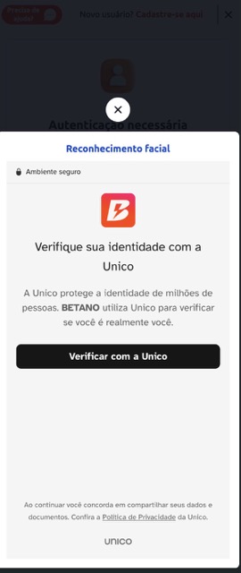 Pop-up de reconhecimento facial da Betano solicitando verifica&ccedil;&atilde;o de identidade com a Unico em ambiente seguro.