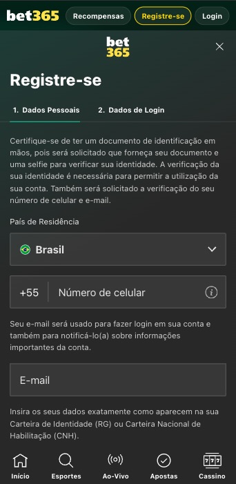 Tela de cadastro da bet365 com campos de dados pessoais e pa&iacute;s de resid&ecirc;ncia