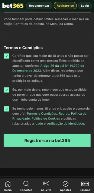 Tela de termos e condi&ccedil;&otilde;es e bot&atilde;o para finalizar o registro na bet365
