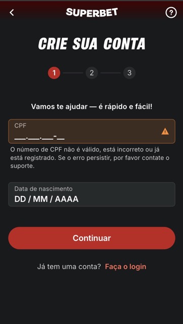 cadastro-superbet-cpf-data-nascimento Início da criação de conta na Superbet, onde o usuário deve colcoar suas informações pessoais