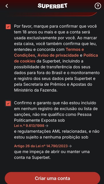 cadastro-superbet-termos-condicoes Confirmação de idade e aceite dos termos e condições no cadastro da Superbet